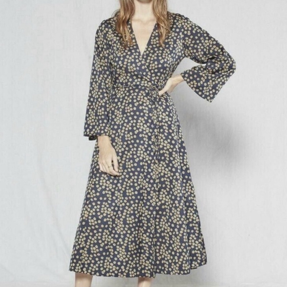 Outerknown Verano Wrap Dress Sunflower Print Navy Gold NWT M
